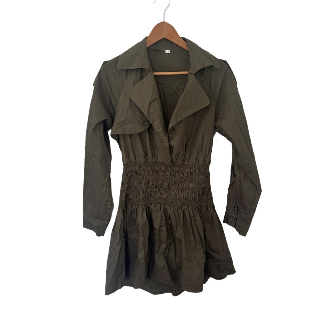 Olive Green Trench Style Smocked Mini Dress Long Sleeve Utility Fit and‎ Flare M